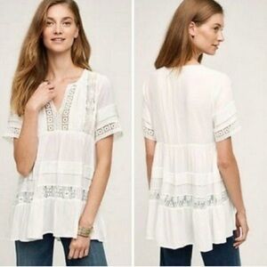 Anthropologie Maeve White Tiered Lace Boho Tunic top Size Small